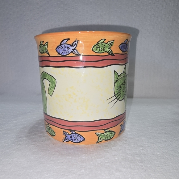 Cardinal Hand Painted Mug Colorful Artsy Cat And Fish EUC - Picture 3 of 7
